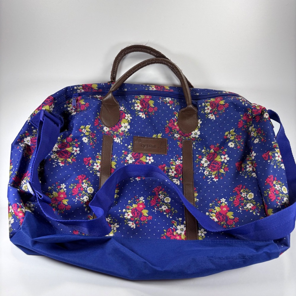 CyZone Women's Floral Duffle Bag Blue Canvas Pink Rose‎ Print Travel Tote